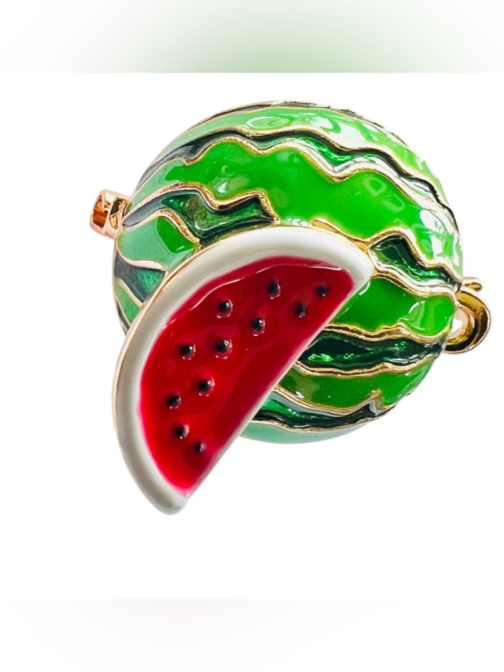 Gold Tone Watermelon Brooch – Enamel Fruit Slice with Realistic Detail